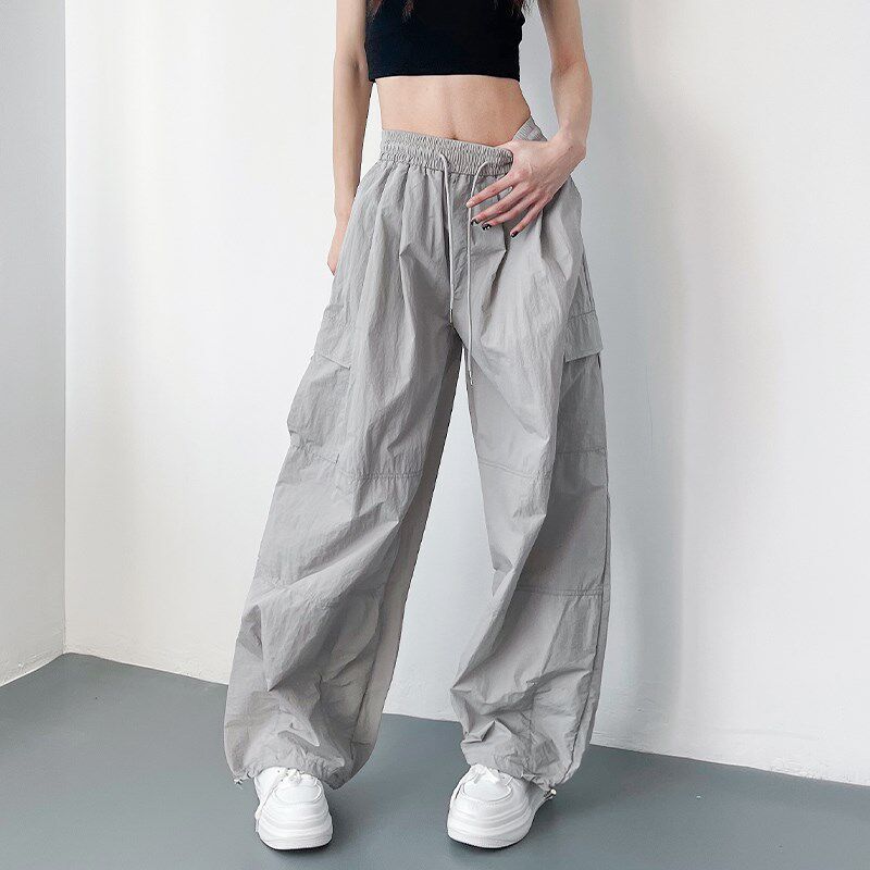 大码轻薄速干阔腿裤女夏季胖mm宽松显瘦遮肉高腰抽绳工装休闲裤