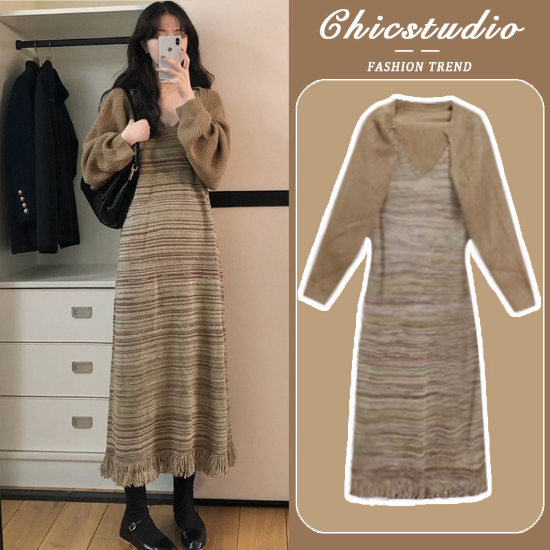 孕妇洋装春秋冬2023新款宽松显瘦遮肚时尚辣妈针织开衫两件套