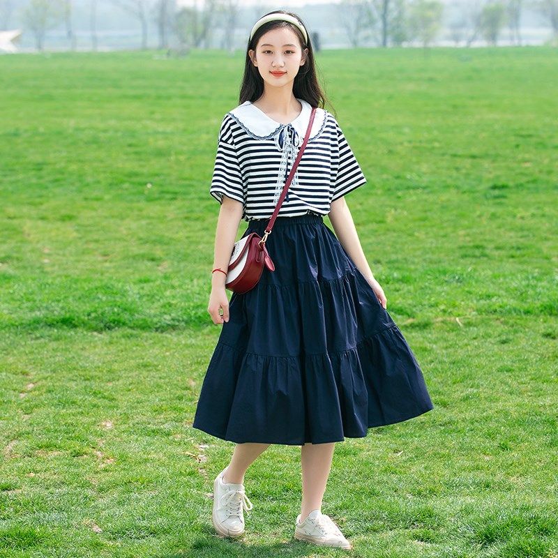 中学生夏季条纹连衣裙显瘦初高中少女大童学院风假两件中长款裙子