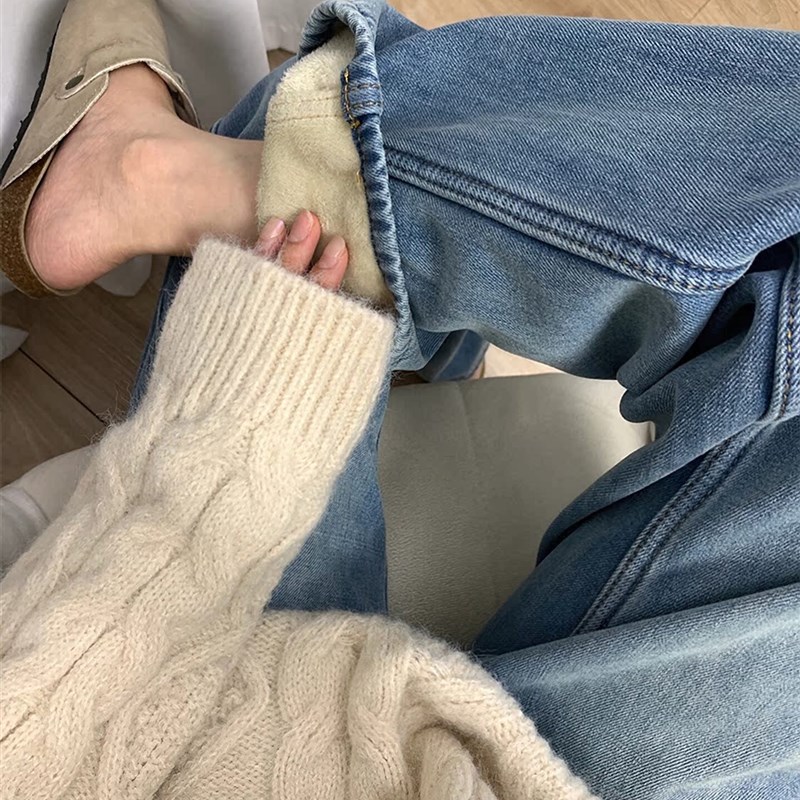 加绒加厚复古蓝直筒牛仔裤女秋冬季胖妹妹mm高腰宽松显瘦阔腿长裤