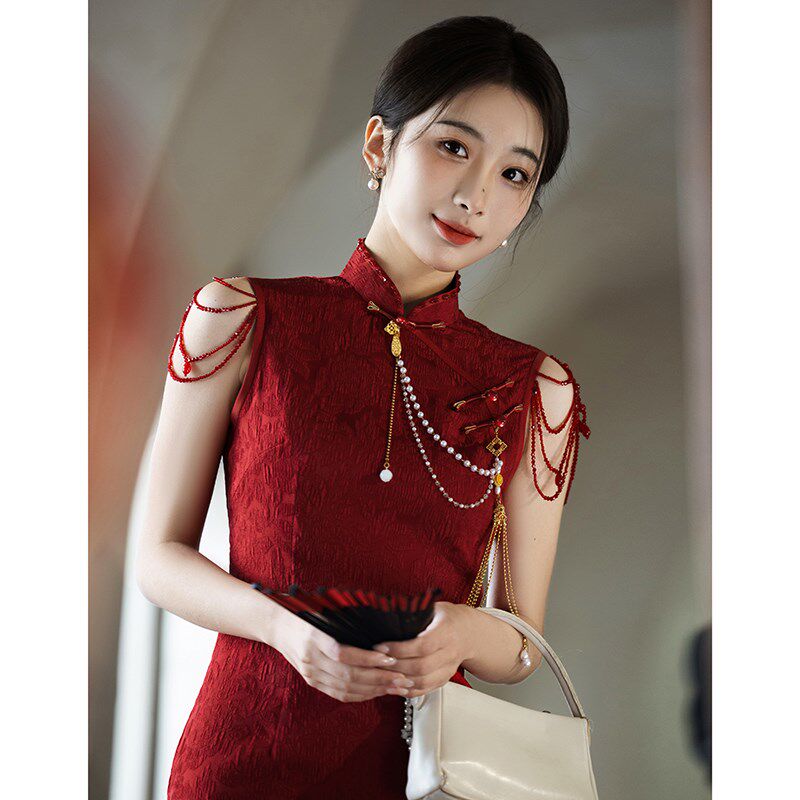 晨袍女新娘旗袍2025新款新中式红色无袖流苏结婚敬酒服订婚礼服裙