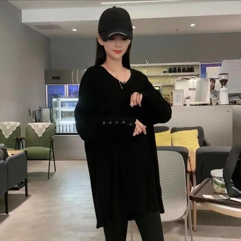 春秋装胖mm300斤超大码设计感V领薄款开叉长袖宽松中长款卫衣女潮