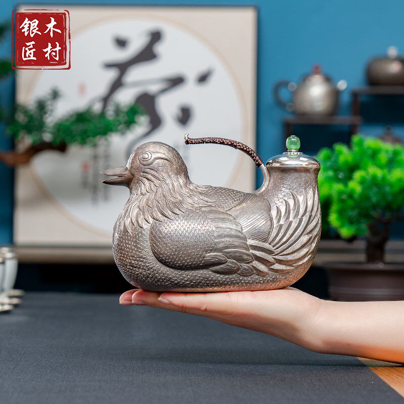纯银999银壶 中式复古手v工一张打酒具家用鸳鸯酒壶分酒器茶壶套