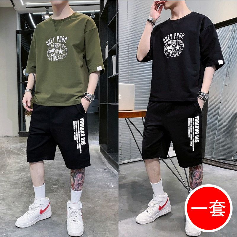 夏季男士套装韩版潮流短裤短袖帅气休闲潮牌衣服运动男装一套搭配