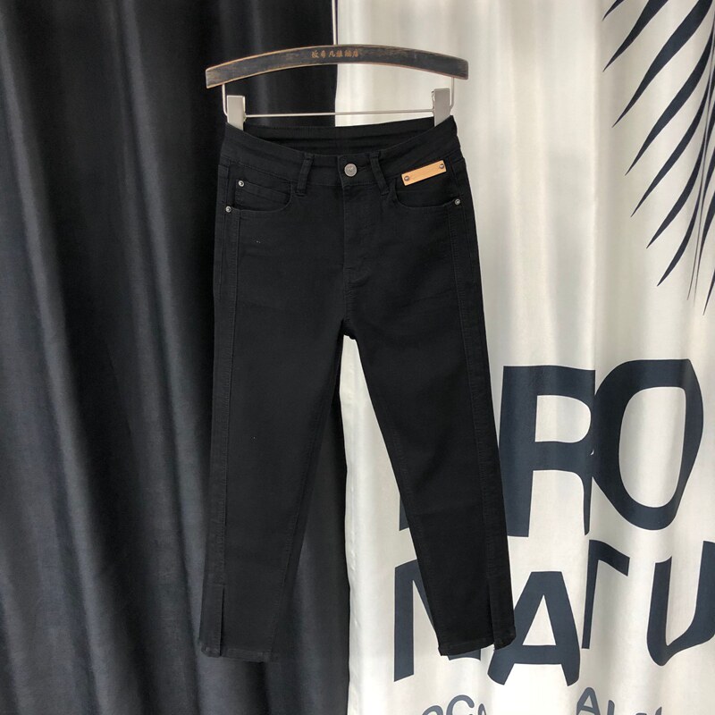 黑色前开叉小个子八分牛仔直筒裤女显瘦2021年早秋高腰九分烟管裤