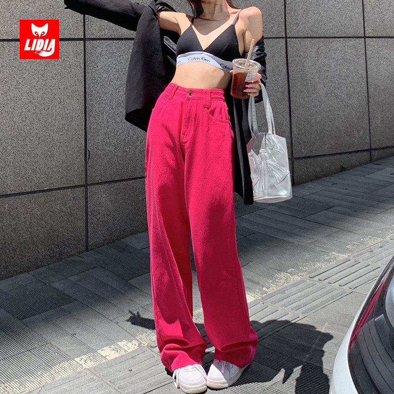 玫红色阔腿牛仔裤女秋季2025新款高腰显瘦多巴胺高个子直筒裤秋装