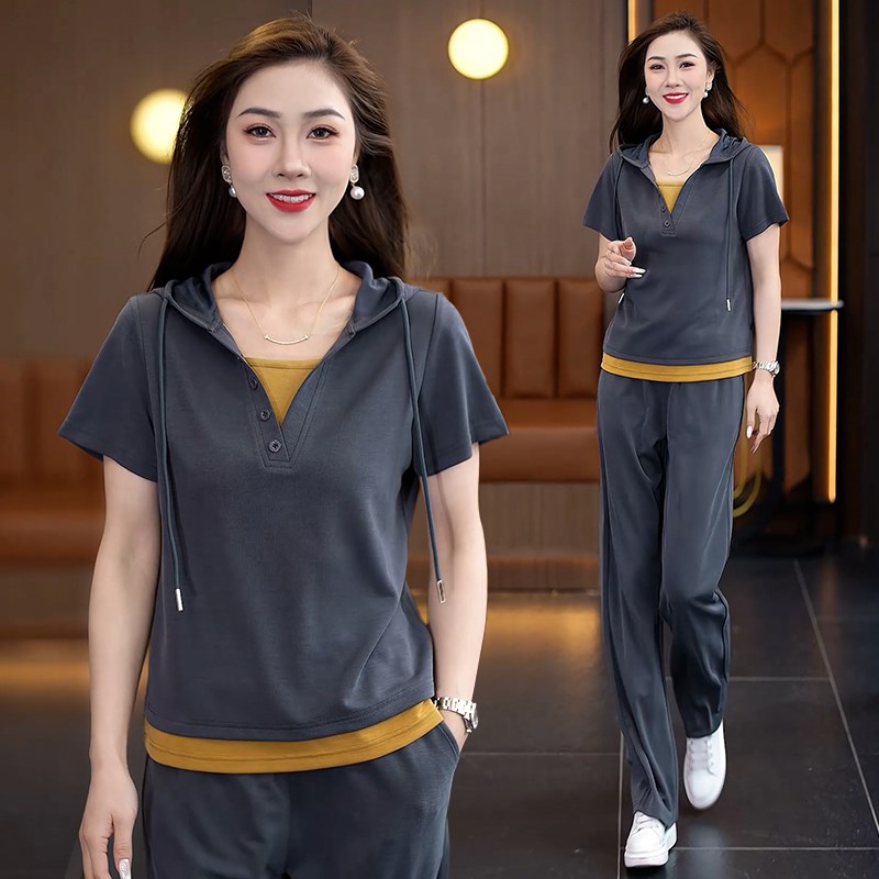 2025夏季假两件拼接连帽跑步服时尚短袖长裤套装女运动休闲两件套