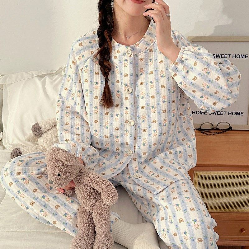 月子服带胸垫产后纯棉加厚秋冬款喂奶大码产妇孕妇空气棉哺乳衣春