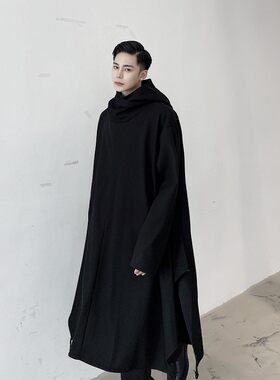 暗黑丧系超长款连帽风衣男宽松小众款套头披风斗篷个性过膝外套潮