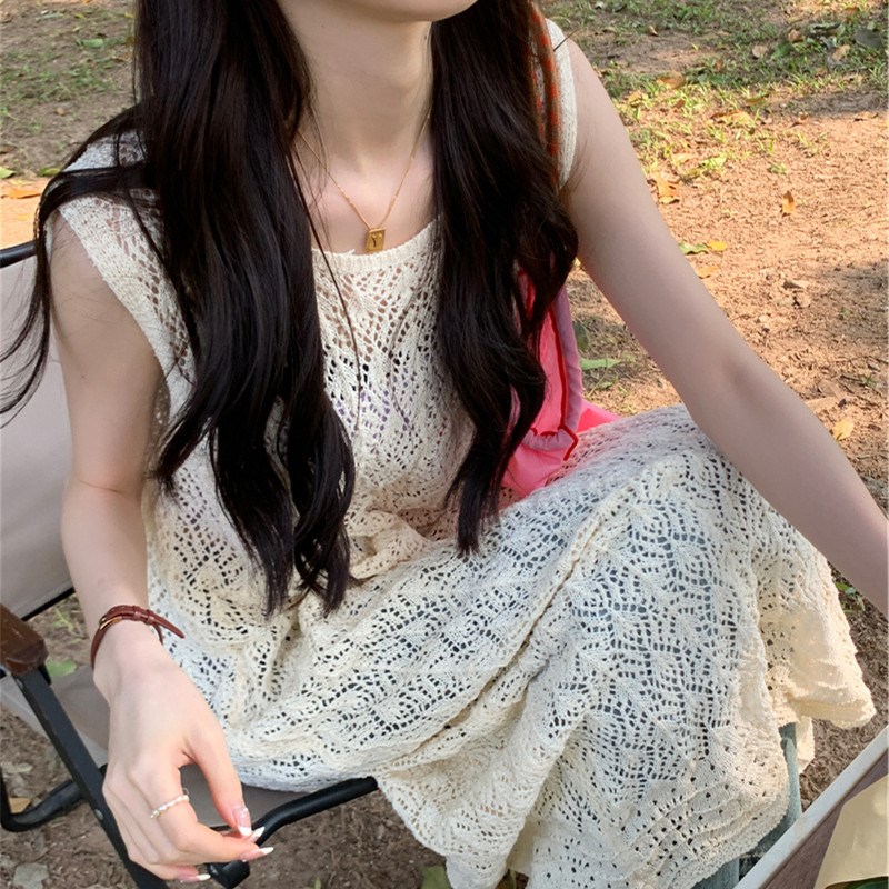 氛围感开叉镂空针织背心连衣裙女春夏2023新款百搭显瘦中长裙子潮