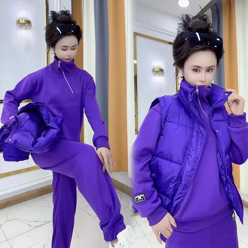 网红爆款时尚套装女2024冬新款韩版纯色拉链棉马甲加绒加厚三件套
