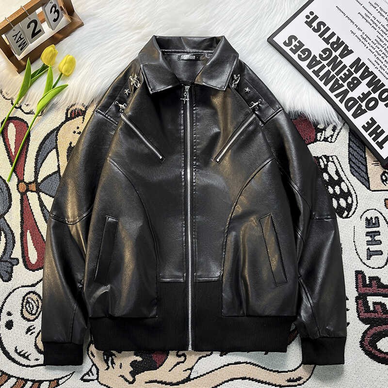高级感炸街黑色PU皮衣外套男女休闲宽松帅气机车工装棒球服皮夹克