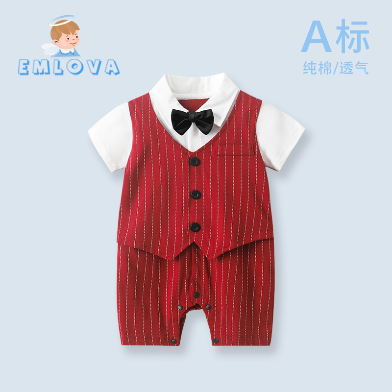 男宝宝连体衣夏装红色百天婴儿衣服抓周百岁宴一周岁礼服生日套装