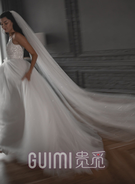 闪光头纱新娘主婚纱长款亮片配饰超仙拍照道具高级婚礼结婚配饰