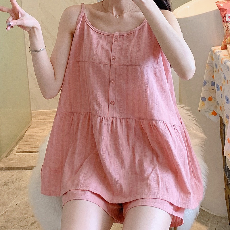 透明纯棉睡衣女夏季薄款纯色大码宽松吊带学生甜美小背心两件套装