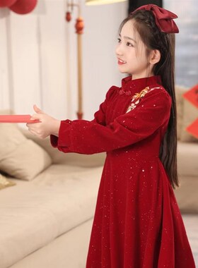 公主裙女童礼服连衣裙红色生日晚礼服花童婚礼小女孩主持儿童秋冬