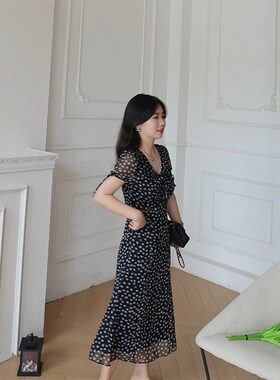 尔尔定制150小个子经典优雅黑色碎花裙U型领波点裙茶歇连衣裙