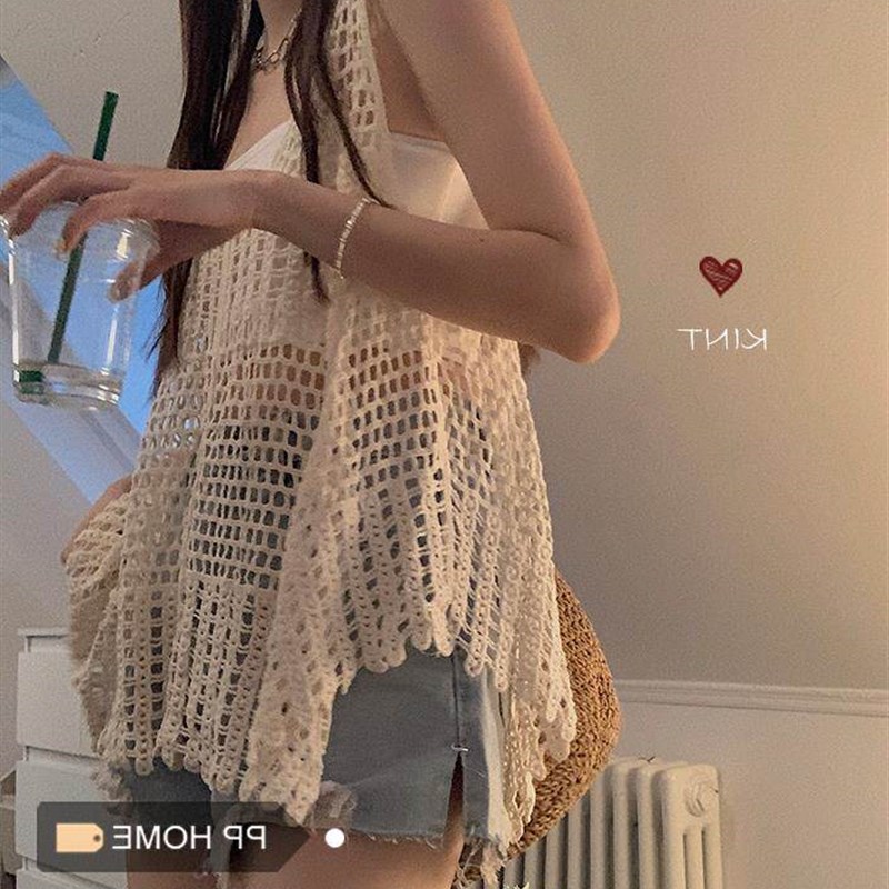 吊带女内搭夏季辣妹设计感钩花镂空针织马甲背心外搭无袖罩衫上衣