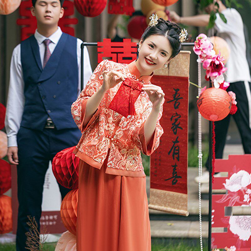 2024新款新中式新娘结婚订婚旗袍敬茶敬酒服唐装蕾丝礼服礼裙秋冬