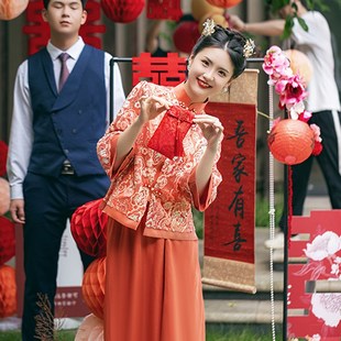 2024新款新中式新娘结婚订婚旗袍敬茶敬酒服唐装蕾丝礼服礼裙秋冬