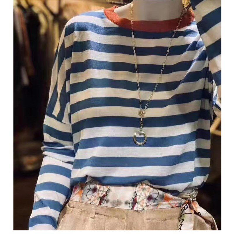 秋季条纹超细羊毛衫女薄款宽松套头羊绒衫毛衣韩版长袖打底针织衫