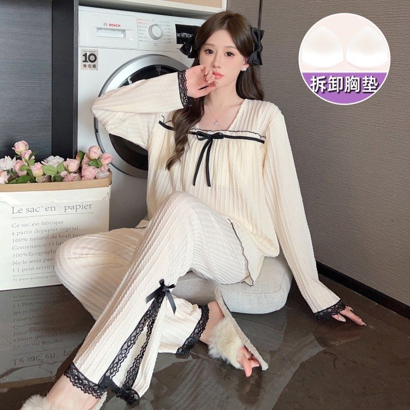 带胸垫睡衣女春秋季长袖纯棉加肥加大码200斤甜美蕾丝家居服套装