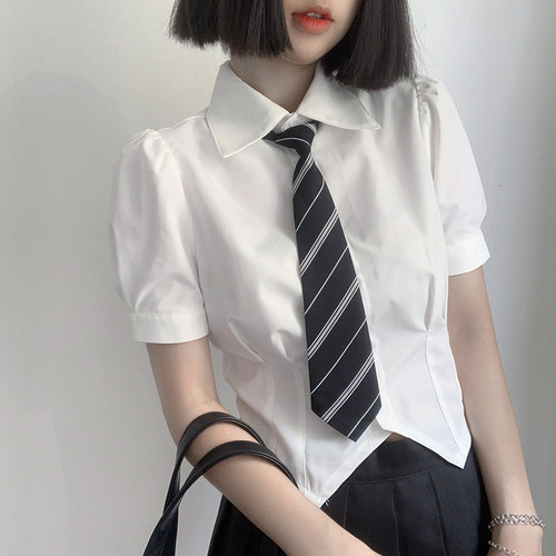 海月社 纯欲风收腰学院风显瘦衬衫收腰泡泡袖不规则短款上衣