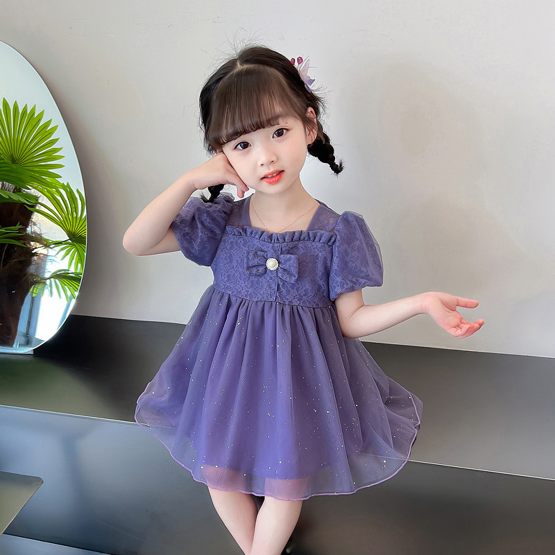 女童高端公主裙女宝宝夏季生日裙子儿童紫色蕾丝纱裙2023小童夏装