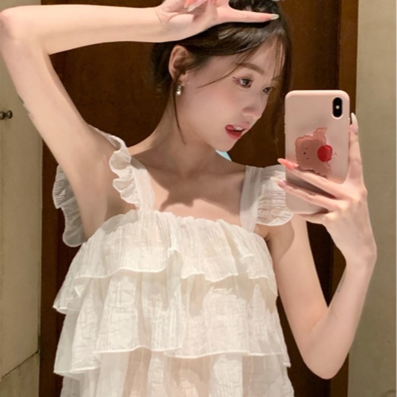 宽松甜美荷叶边吊带女夏季新款外穿甜辣背心设计感短款无袖上衣潮