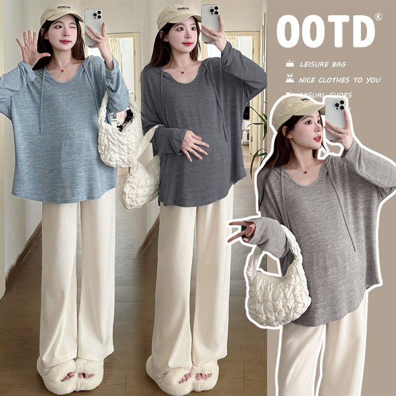 大码孕妇装连帽卫衣女韩版慵懒风上衣宽松秋季长袖T恤打底衫200斤