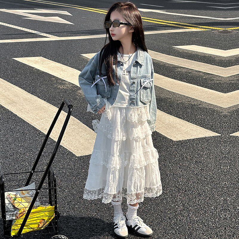 女孩白色蕾丝半身裙套装女童牛仔外套短款洋气个性潮流2025春童装