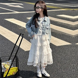 女孩白色蕾丝半身裙套装女童牛仔外套短款洋气个性潮流2025春童装
