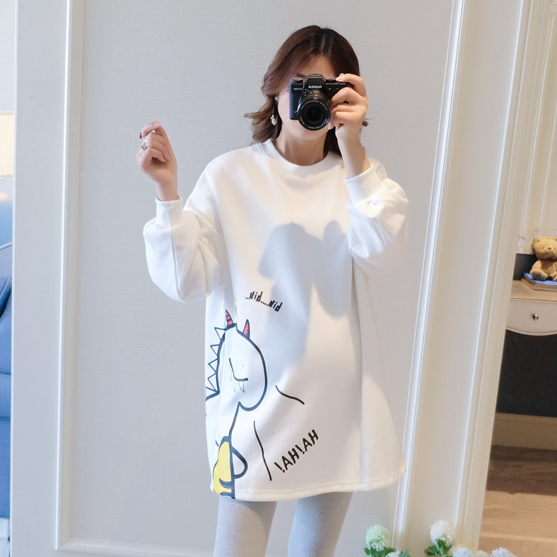 孕妇上衣春秋款圆领长袖韩版宽松2021年新款孕妇装秋装卫衣中长款