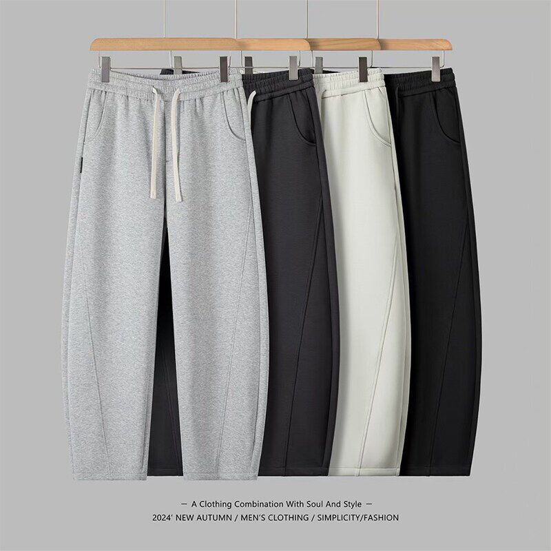 弯刀裤子 春季男款直筒宽松阔腿纯色松紧腰运动休闲长裤 束脚卫裤