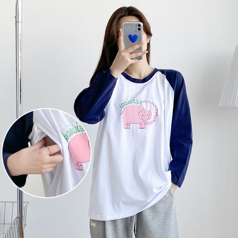 哺乳衣秋季外出服产后纯棉T恤辣妈款时尚外穿喂奶衣春秋长袖上衣