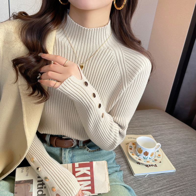 白色打底衫女秋冬内搭2024新款设计感袖扣针织毛衣半高领长袖上衣
