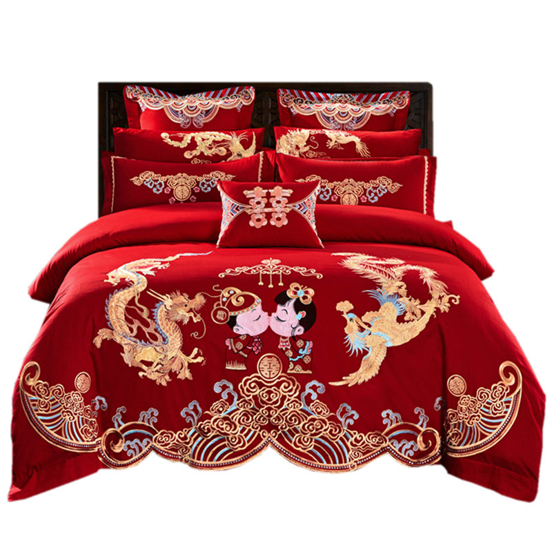 婚庆四件套大g红色全棉刺绣新婚喜被套件婚房绣花结婚床上用品,床上用品,婚庆床品套件,淘宝优惠券,粉丝福利购,淘宝优惠卷