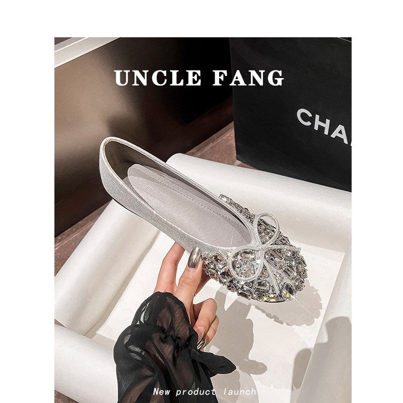 配裙水钻平底单鞋女2025春秋新款鞋子I法式温柔晚风芭蕾银色豆豆,女鞋,浅口单鞋,淘宝优惠券,粉丝福利购,淘宝优惠卷