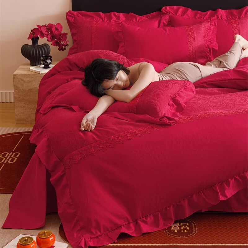 法式浪漫Ae类100支结婚床单四件套大红色提花被套婚庆床上用品,床上用品,婚庆床品套件,淘宝优惠券,粉丝福利购,淘宝优惠卷