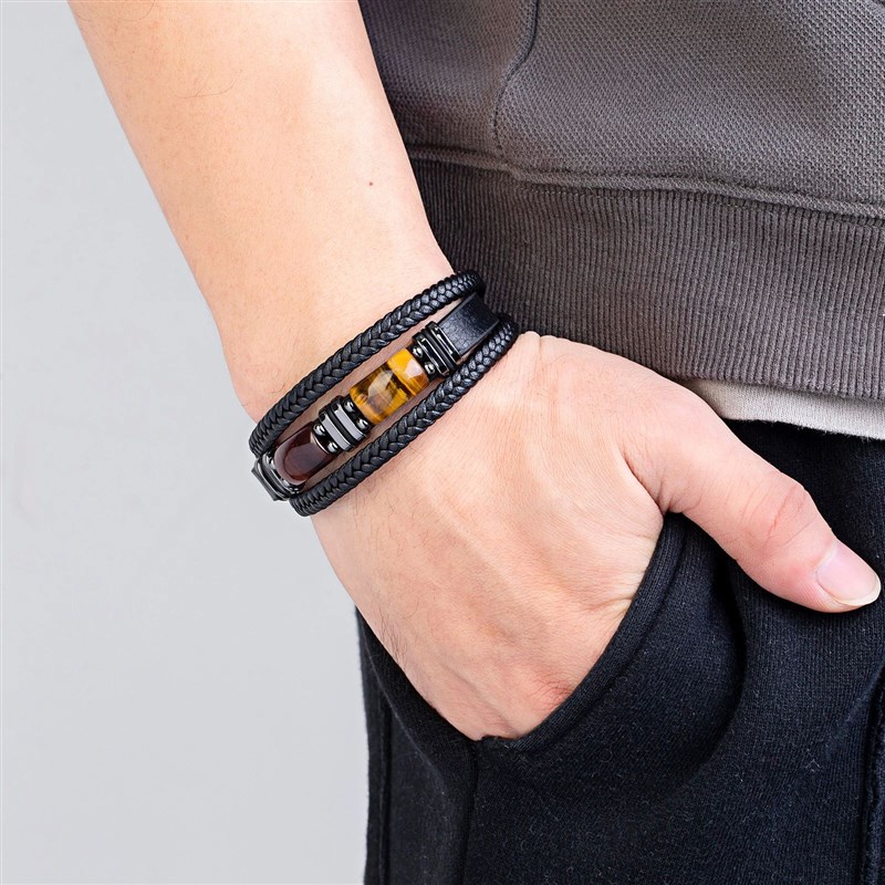 Multi-layer Braidedq Leather Charm Bracelet Red Blue Tiger E