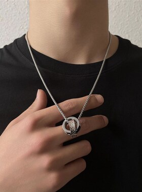 男士双环项链男款潮流吊坠高级感潮牌百搭嘻哈高街痞帅毛衣链男生