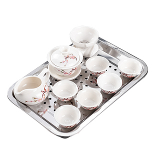 不锈钢茶盘家用办公室会客中式 功夫茶具套装 陶瓷茶杯简约泡茶器O