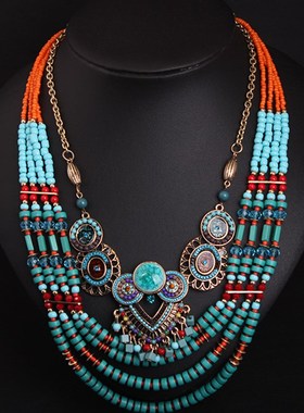 欧美民族风夸张装饰项链新款配饰串珠多层波西米亚毛衣链饰品