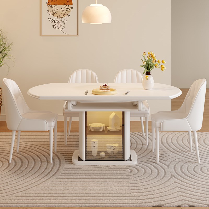 馨佰利岩板餐桌椅2024新款奶油风现代简约小户型家用可伸缩圆饭桌