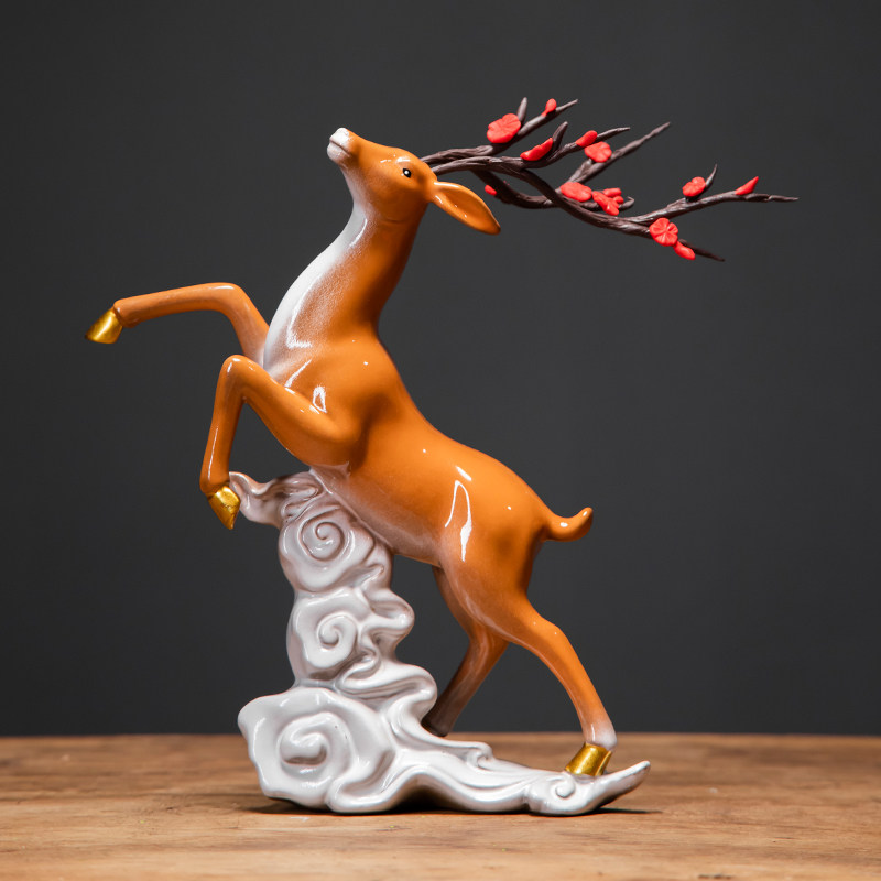 一鹿高升陶瓷梅花鹿摆件招财礼品新中式家居客厅工艺品电视柜装饰