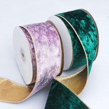 天鹅绒带拷铁丝金边丝带圣诞节树花环装饰蝴蝶结材料金底双面彩带