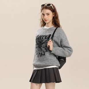 Mardi雏菊提花毛衣灰色25秋冬新款宽松毛绒慵懒风圆领针织衫上衣