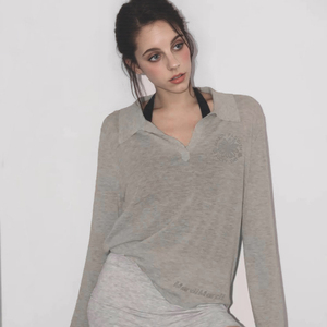 Mardi印花设计感v领针织长袖T恤25秋季新款小众时尚显瘦休闲上衣