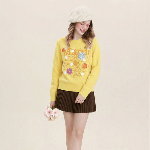 Mardi秋冬女装25新款保暖圆领毛衣纯色提花刺绣雏菊长袖针织上衣