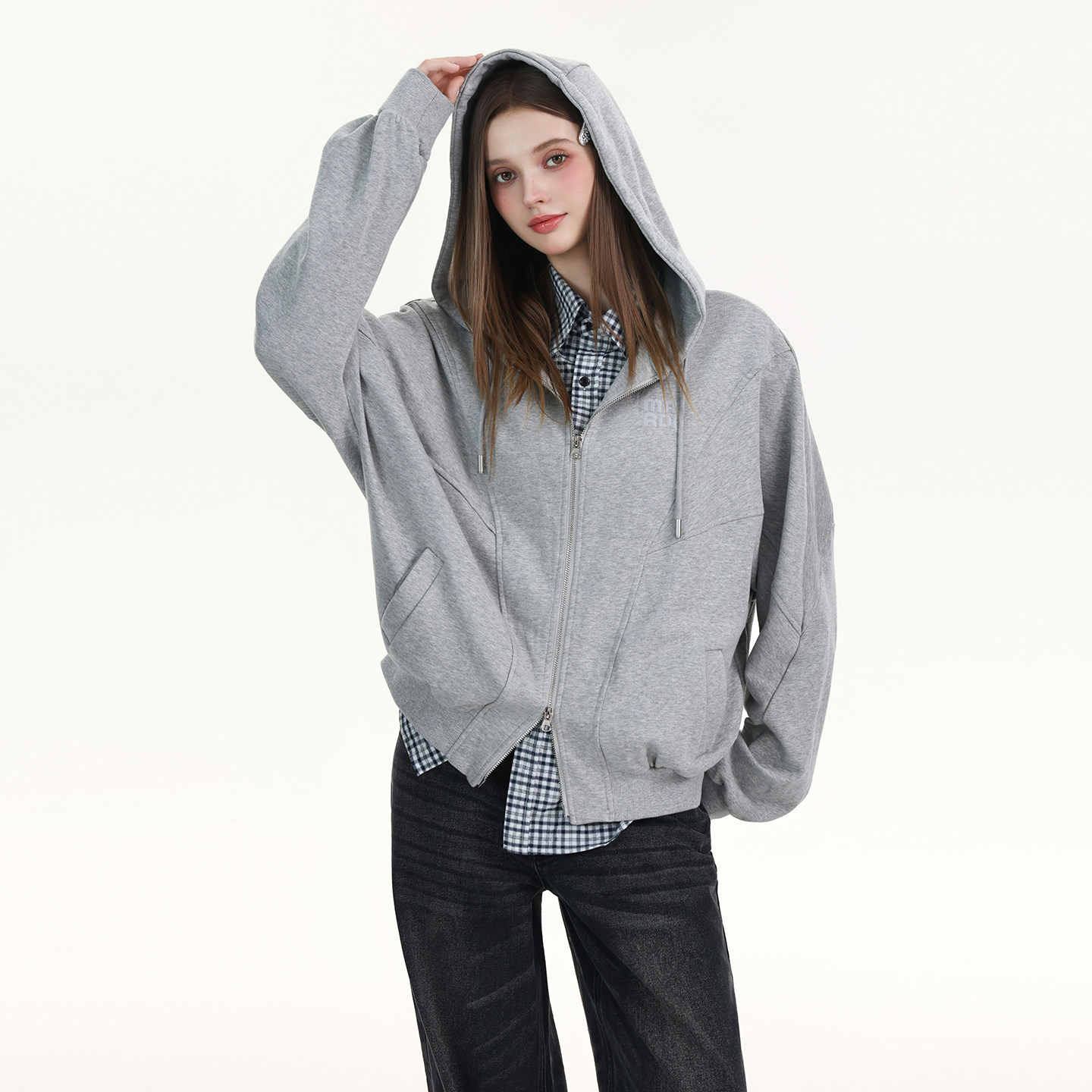 Mardi韩系纯色宽松拉链刺绣连帽卫衣25秋季新款轻奢简约上衣外套